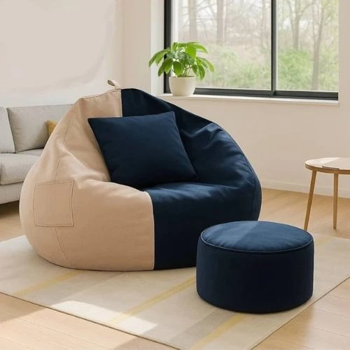 MANSU 4XL Bean Bag with Footstool & Cushion Ready to Use Teardrop Bean Bag With Bean Filling (Beige, Blue)